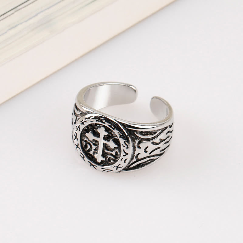 Christianartworkshop Classic Silver Cross Ring with Ornate Patterns: Handmade Relic of Faith - Adjustable (Suitable for UK Size L1/2 - UK Size V1/2) - image 0