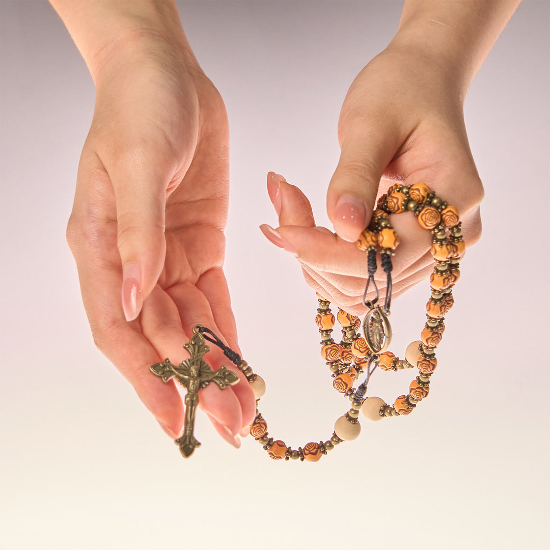 Christianartworkshop Exquisite Wooden Rose Beads with Bronze Crucifix & Miraculous Medal Rosary - image 9