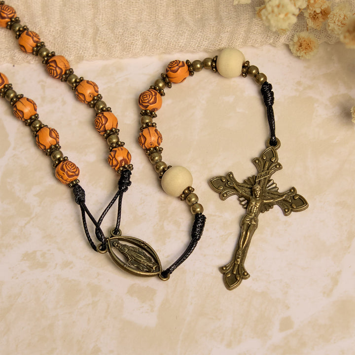 Christianartworkshop Exquisite Wooden Rose Beads with Bronze Crucifix & Miraculous Medal Rosary - image 7