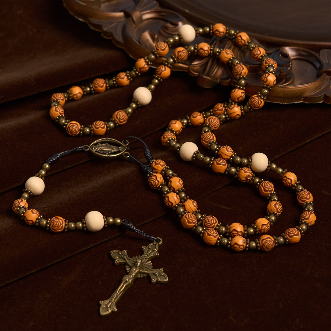 Christianartworkshop Exquisite Wooden Rose Beads with Bronze Crucifix & Miraculous Medal Rosary - image 6