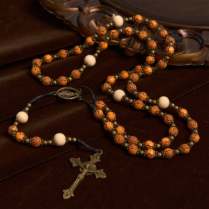 Christianartworkshop Exquisite Wooden Rose Beads with Bronze Crucifix & Miraculous Medal Rosary - Wood - image 1