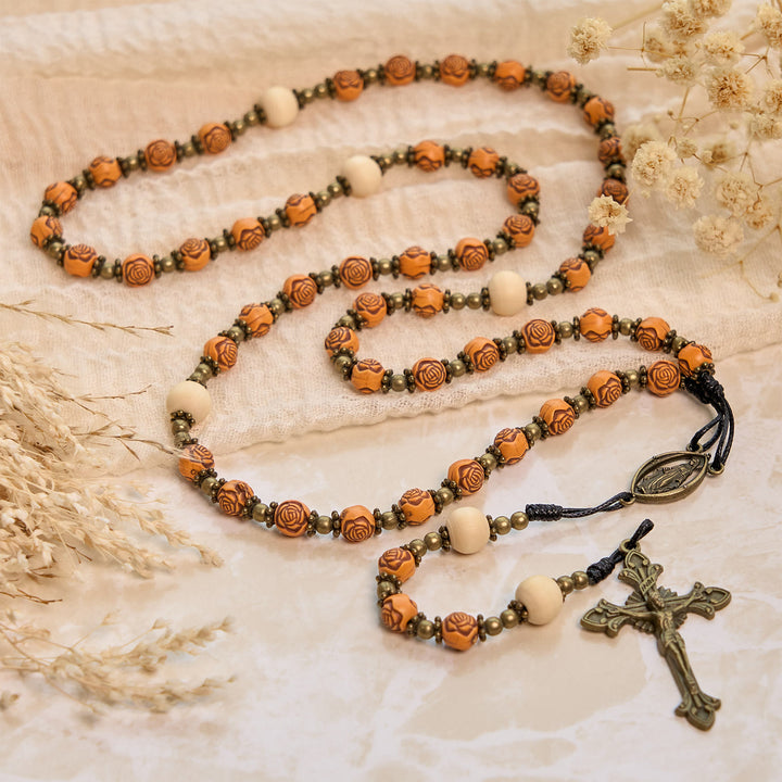 Christianartworkshop Exquisite Wooden Rose Beads with Bronze Crucifix & Miraculous Medal Rosary - image 5