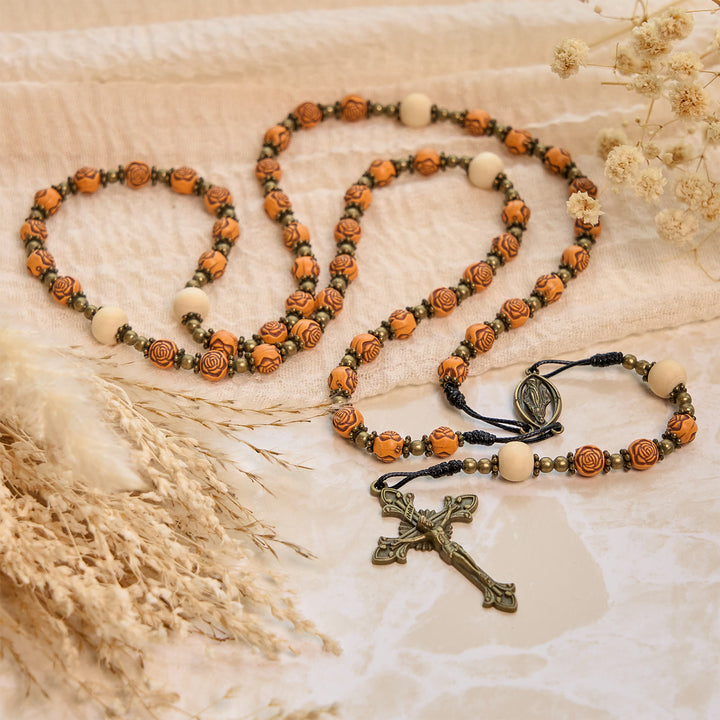Christianartworkshop Exquisite Wooden Rose Beads with Bronze Crucifix & Miraculous Medal Rosary - image 4