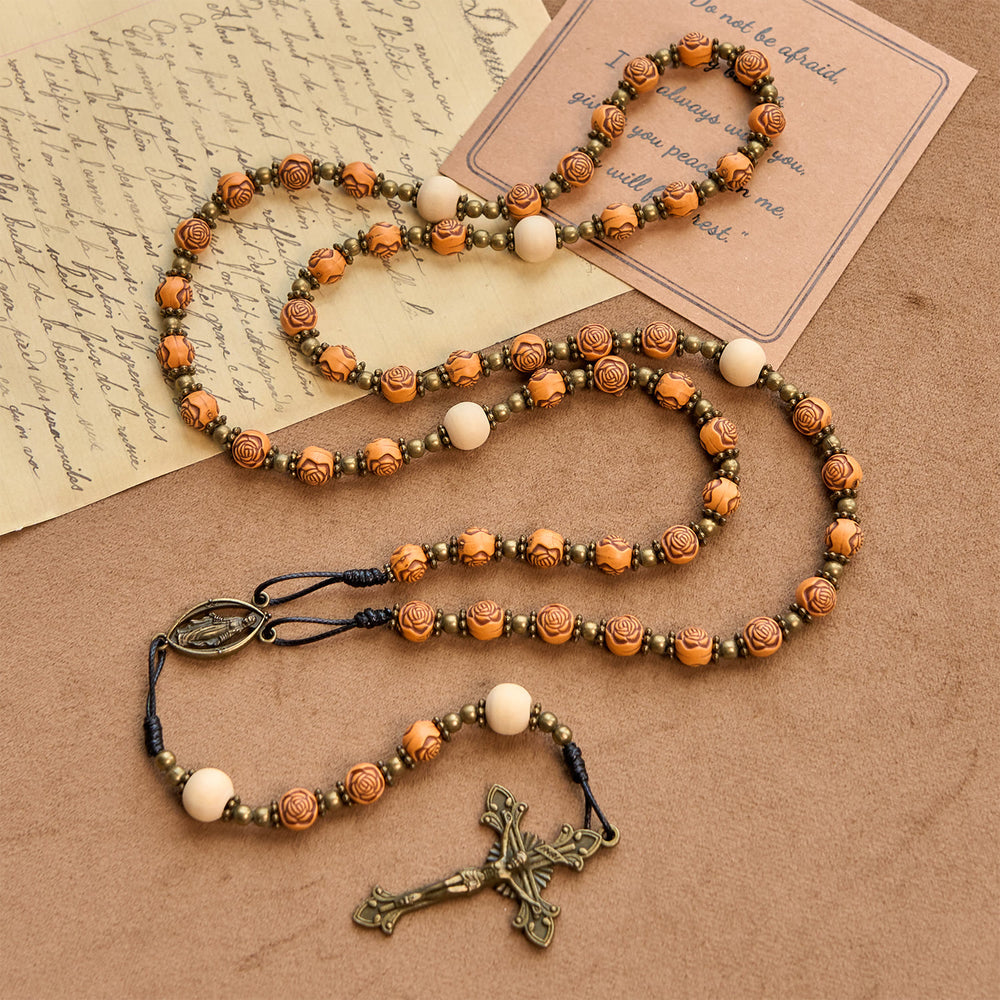 Christianartworkshop Exquisite Wooden Rose Beads with Bronze Crucifix & Miraculous Medal Rosary - image 2
