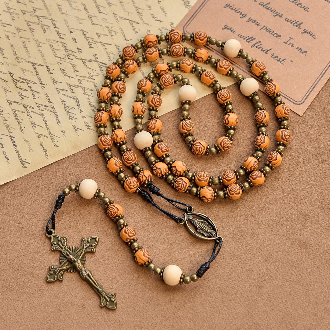 Christianartworkshop Exquisite Wooden Rose Beads with Bronze Crucifix & Miraculous Medal Rosary - image 5