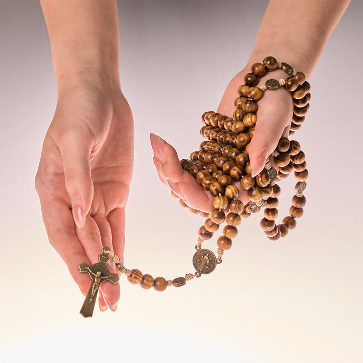 Christianartworkshop 15/20 Decade Olive Wood Rosary with St. Benedict, Crucifix & Waist Chain Design—Divine Devotion in Dual Use - image 3