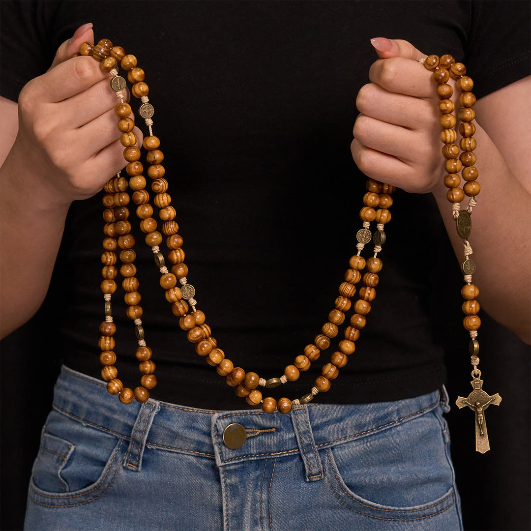 Christianartworkshop 15/20 Decade Olive Wood Rosary with St. Benedict, Crucifix & Waist Chain Design—Divine Devotion in Dual Use - image 7