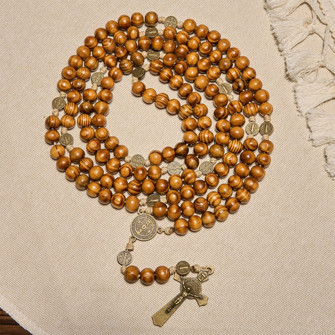 Christianartworkshop 15/20 Decade Olive Wood Rosary with St. Benedict, Crucifix & Waist Chain Design—Divine Devotion in Dual Use - 15 Decade - Caramel - image 0