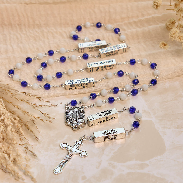 Christianartworkshop Blue & White Glass Beads Crucifix Jesus Rosary - image 8