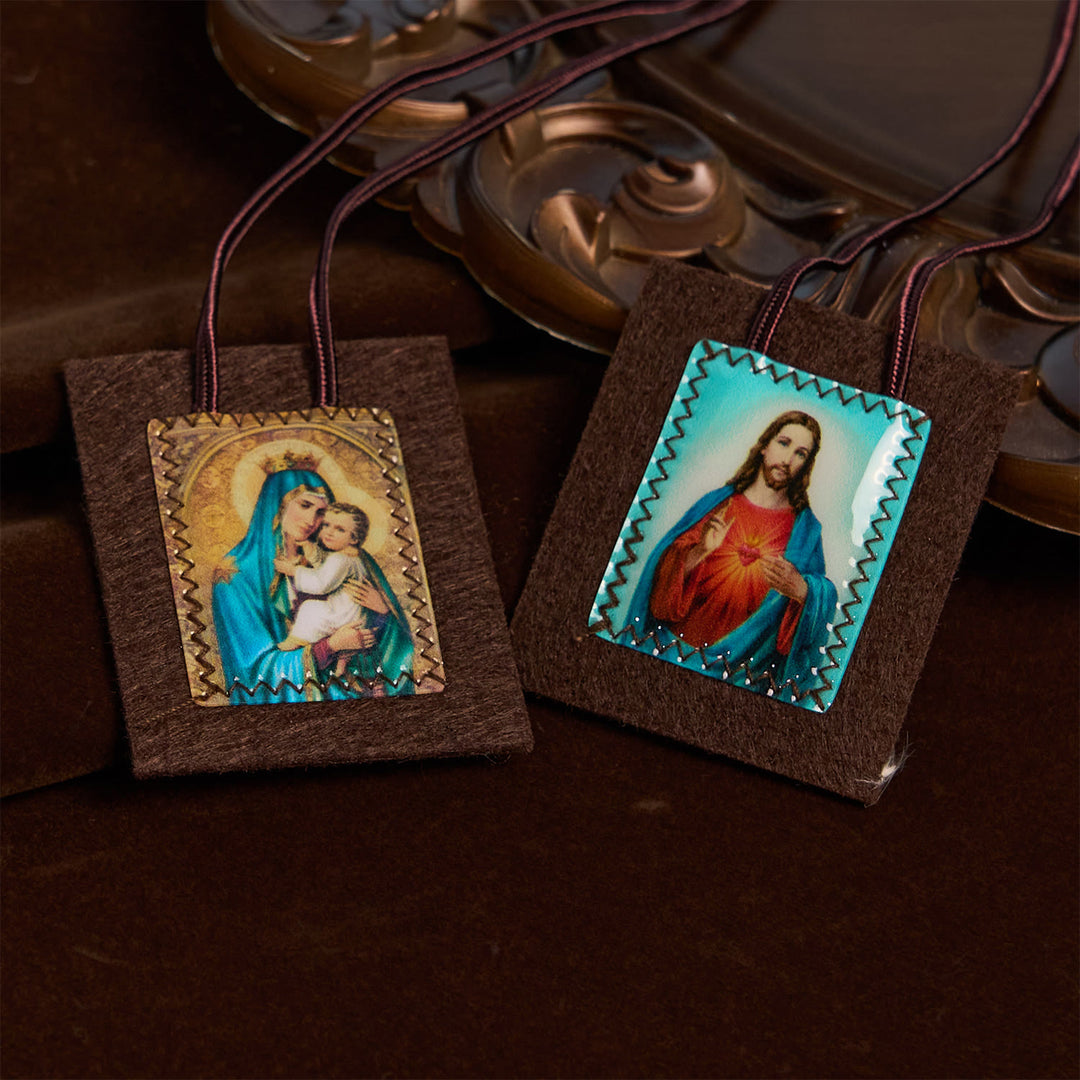 Christianartworkshop Blessed Brown Wool Scapular of Our Lady of Mt. Carmel & Sacred Heart: Unique Spiritual Bond - Scapular - image 1