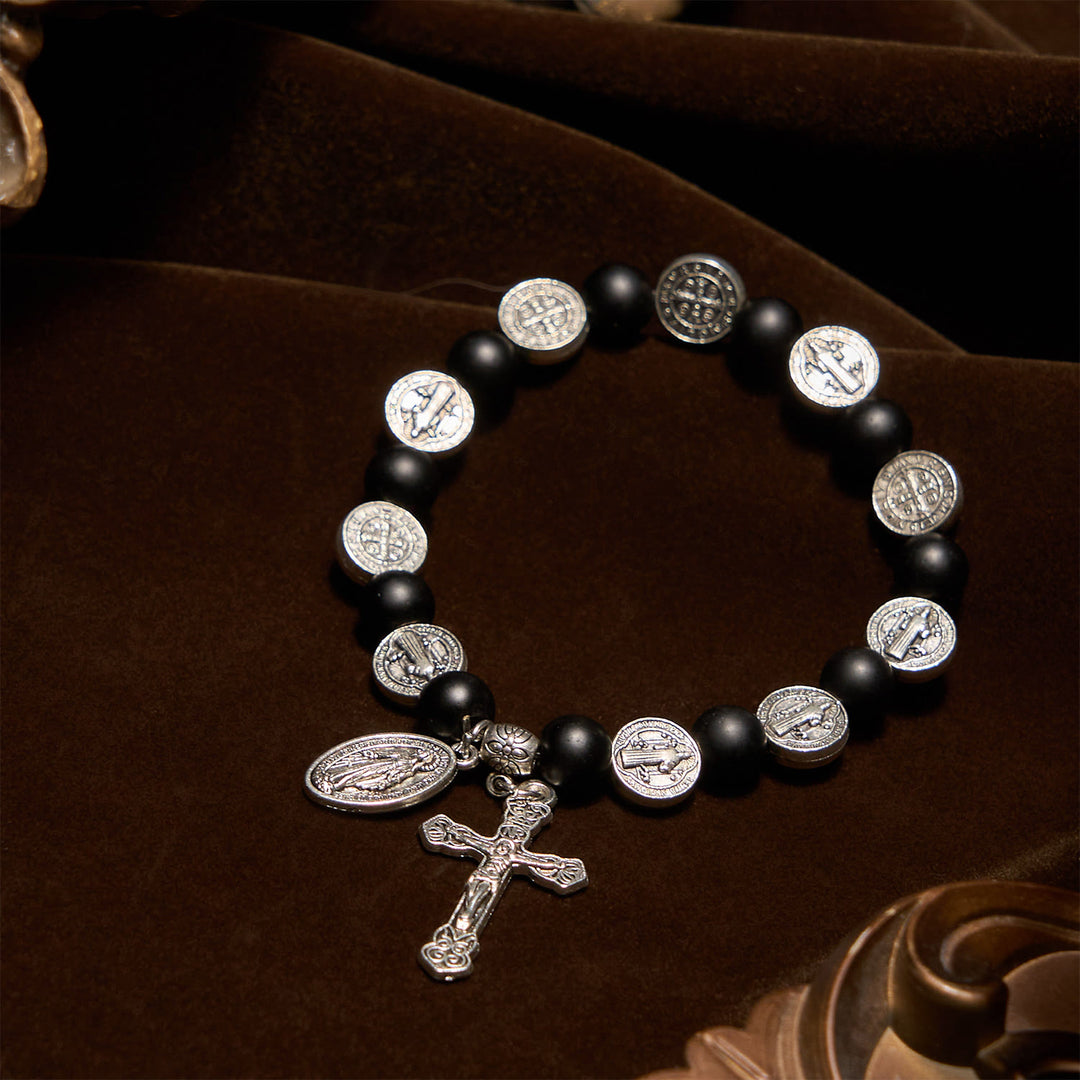 Christianartworkshop Natural Black Agate Bracelet with St. Benedict Medal and Virgin Mary Pendant: Divine Faith Artistry - image 2