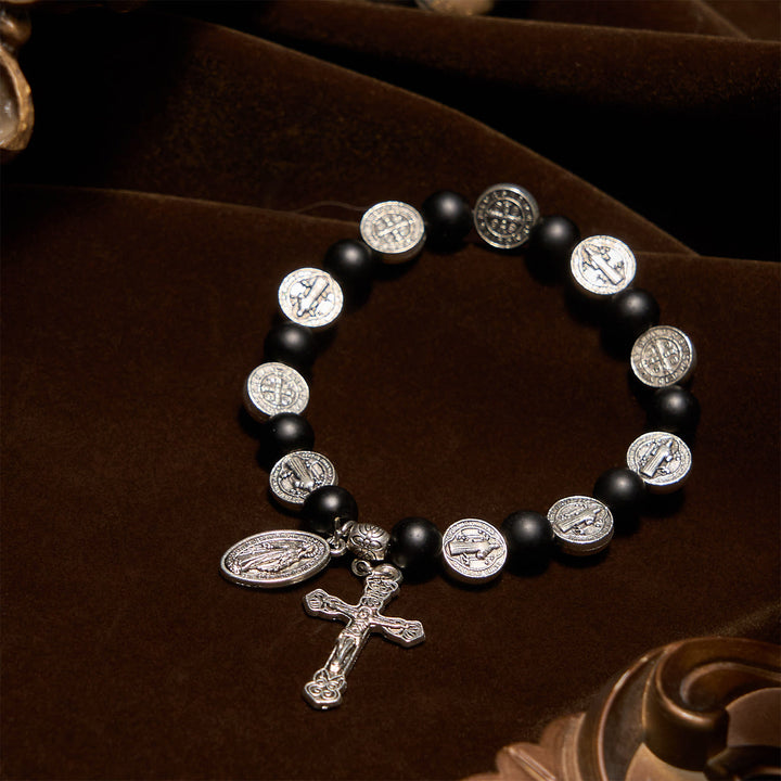 Christianartworkshop Natural Black Agate Bracelet with St. Benedict Medal and Virgin Mary Pendant: Divine Faith Artistry - image 2