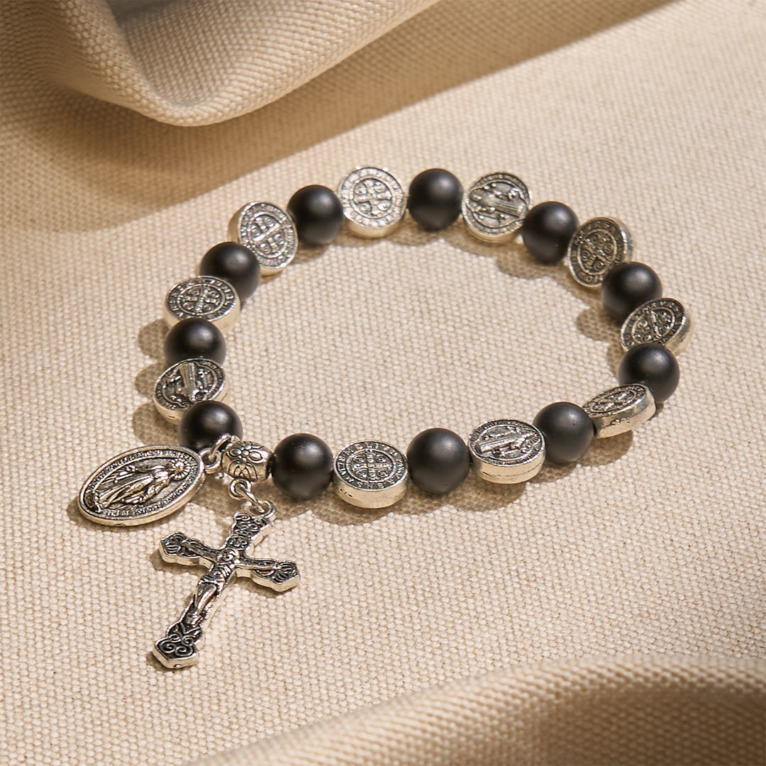 Christianartworkshop Natural Black Agate Bracelet with St. Benedict Medal and Virgin Mary Pendant: Divine Faith Artistry - image 1