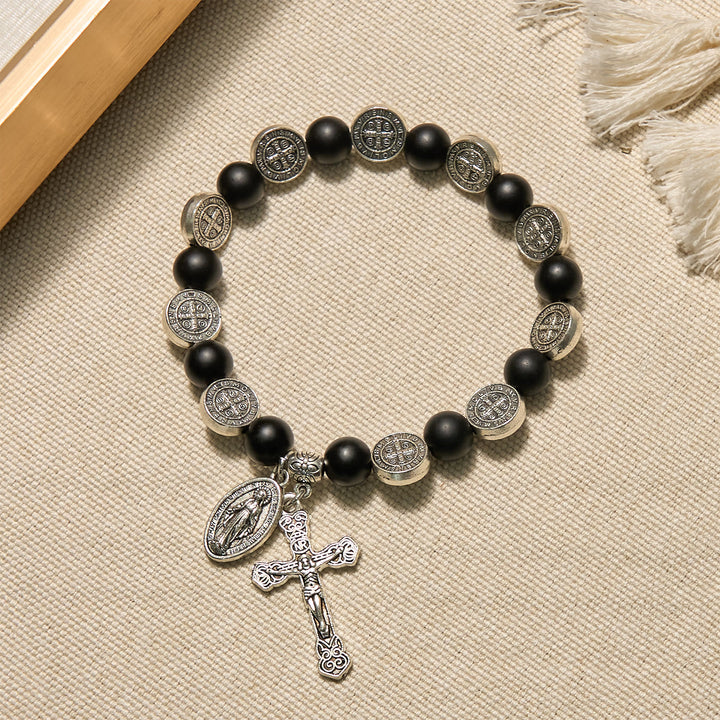 Christianartworkshop Natural Black Agate Bracelet with St. Benedict Medal and Virgin Mary Pendant: Divine Faith Artistry - Black Agate - image 0