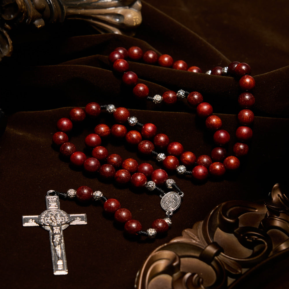Christianartworkshop Red Wood and Rose Beads Rosary with Miraculous Medal: Embrace Divine Grace and Protection - image 2