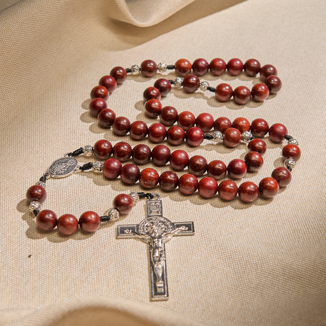Christianartworkshop Red Wood and Rose Beads Rosary with Miraculous Medal: Embrace Divine Grace and Protection - Red Wood - image 1