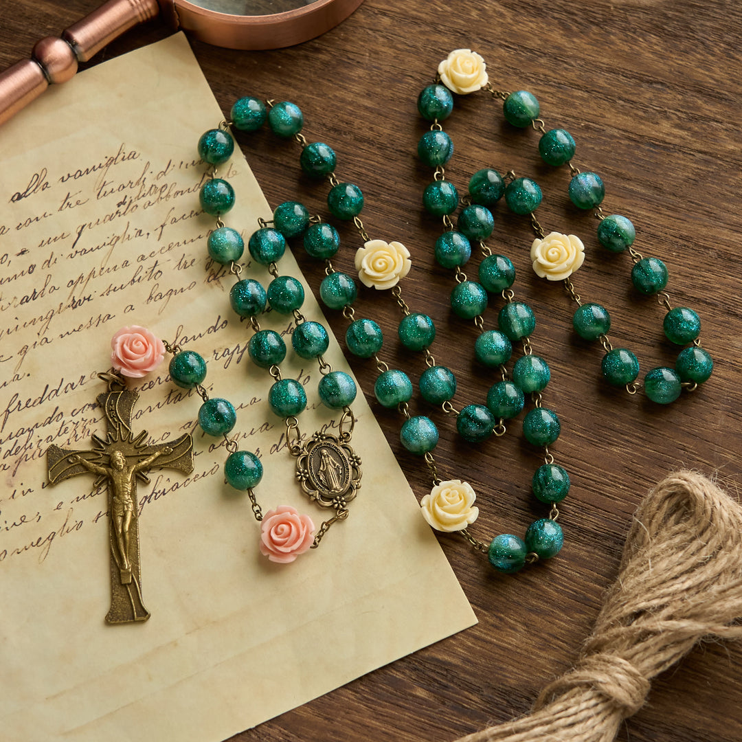 Christianartworkshop Green Shiny Beads & Flower Rose Rosary with Bronze Virgin Mary Medal & Crucifix - Flower Beads - image 1