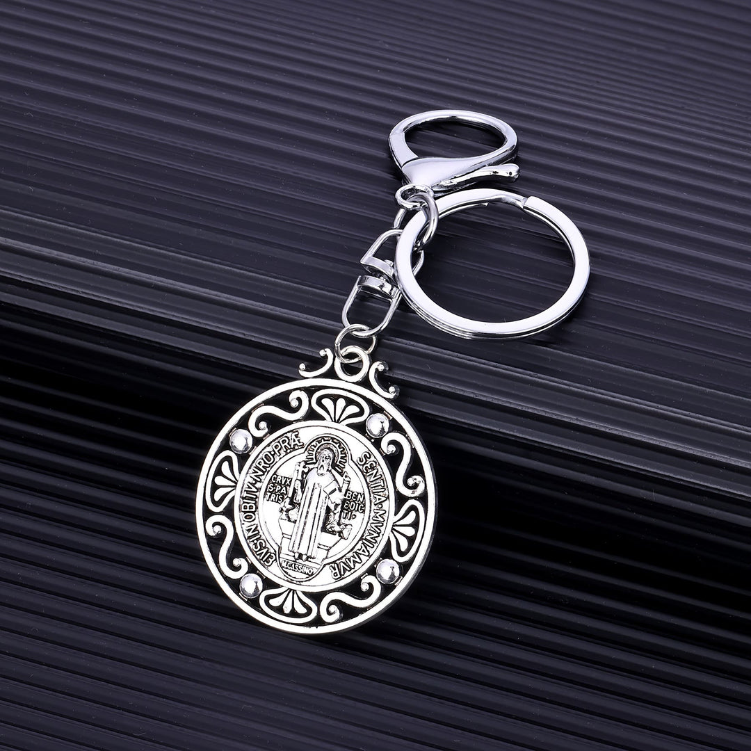 Christianartworkshop Artisanal Silver St. Benedict Keychain with Hollow-Out Design: Nostalgic Sign of Faithful Guardian - St. Benedict - image 1