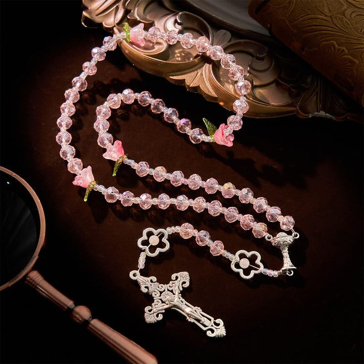 Christianartworkshop Elegant Pink Crystal Rosary with 3D Rose Beads, Silver Chalice Medal & Crucifix: Embrace Divine Grace - image 1