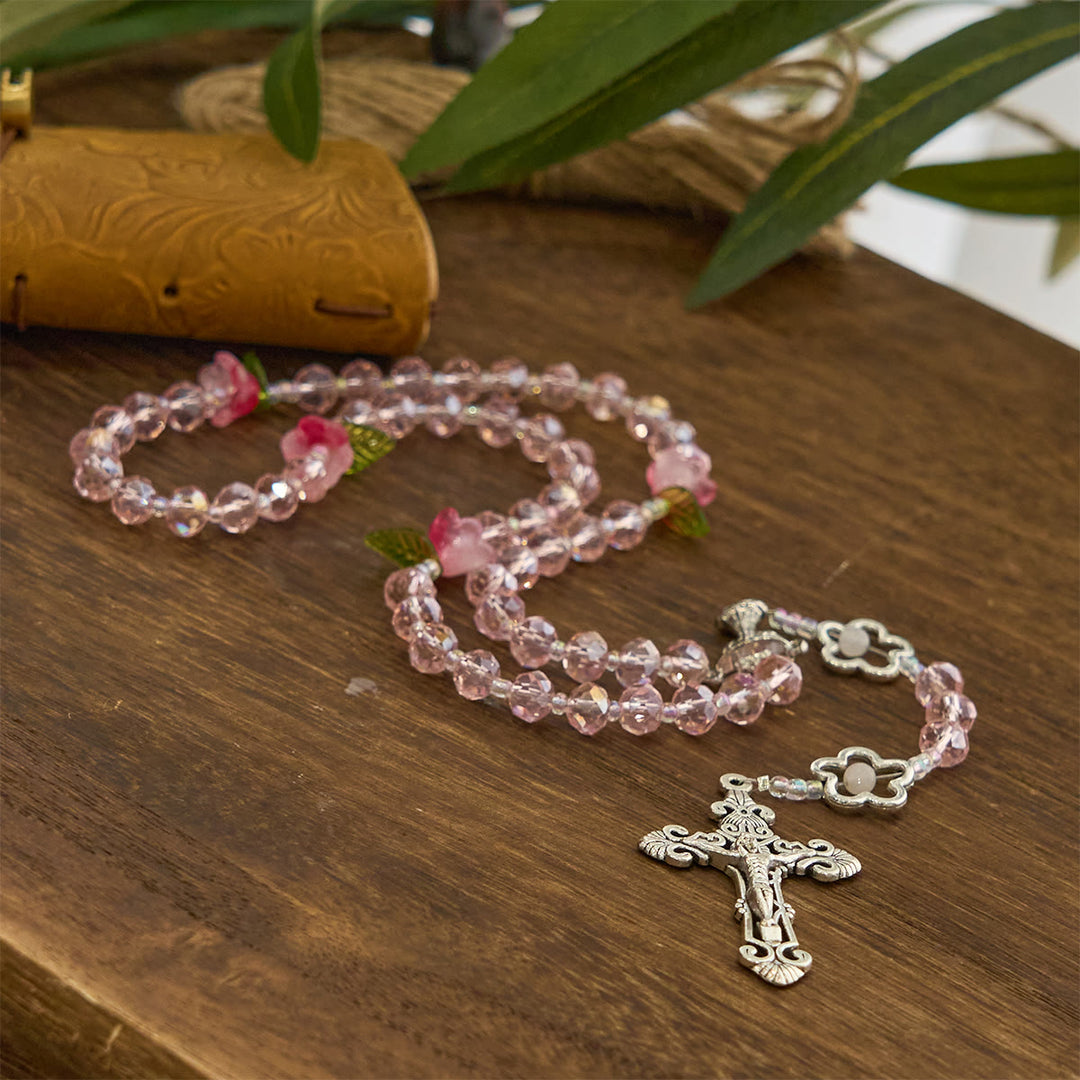 Christianartworkshop Elegant Pink Crystal Rosary with 3D Rose Beads, Silver Chalice Medal & Crucifix: Embrace Divine Grace - image 3