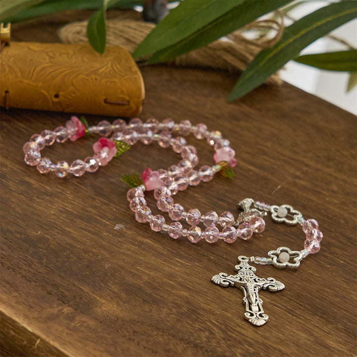 Christianartworkshop Elegant Pink Crystal Rosary with 3D Rose Beads, Silver Chalice Medal & Crucifix: Embrace Divine Grace - image 4