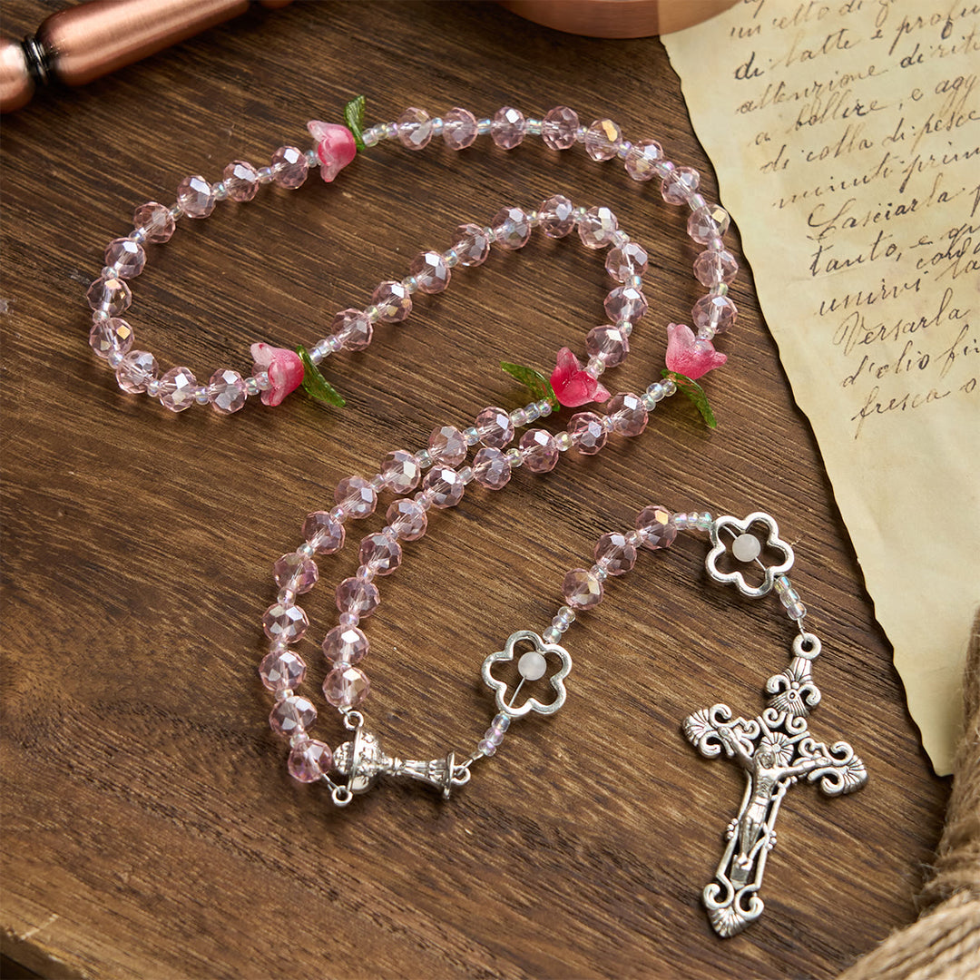 Christianartworkshop Elegant Pink Crystal Rosary with 3D Rose Beads, Silver Chalice Medal & Crucifix: Embrace Divine Grace - Crystal & Flower - image 1