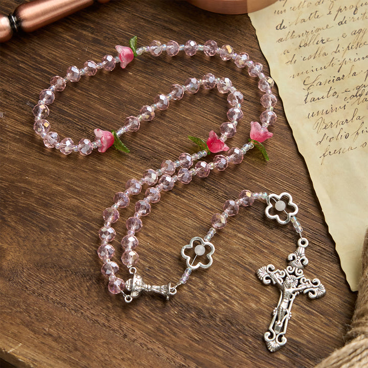 Christianartworkshop Elegant Pink Crystal Rosary with 3D Rose Beads, Silver Chalice Medal & Crucifix: Embrace Divine Grace - Crystal & Flower - image 1