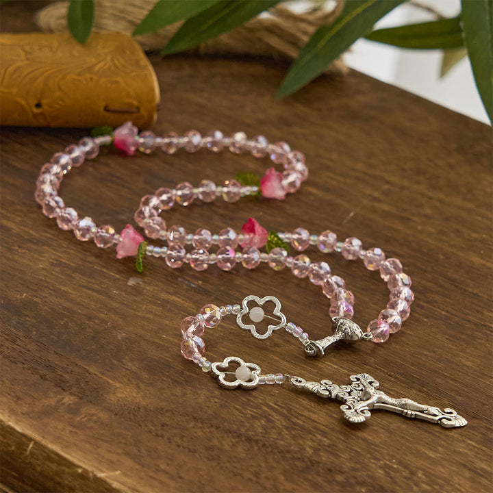 Christianartworkshop Elegant Pink Crystal Rosary with 3D Rose Beads, Silver Chalice Medal & Crucifix: Embrace Divine Grace - image 4