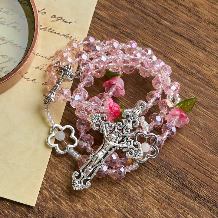Christianartworkshop Elegant Pink Crystal Rosary with 3D Rose Beads, Silver Chalice Medal & Crucifix: Embrace Divine Grace - image 6