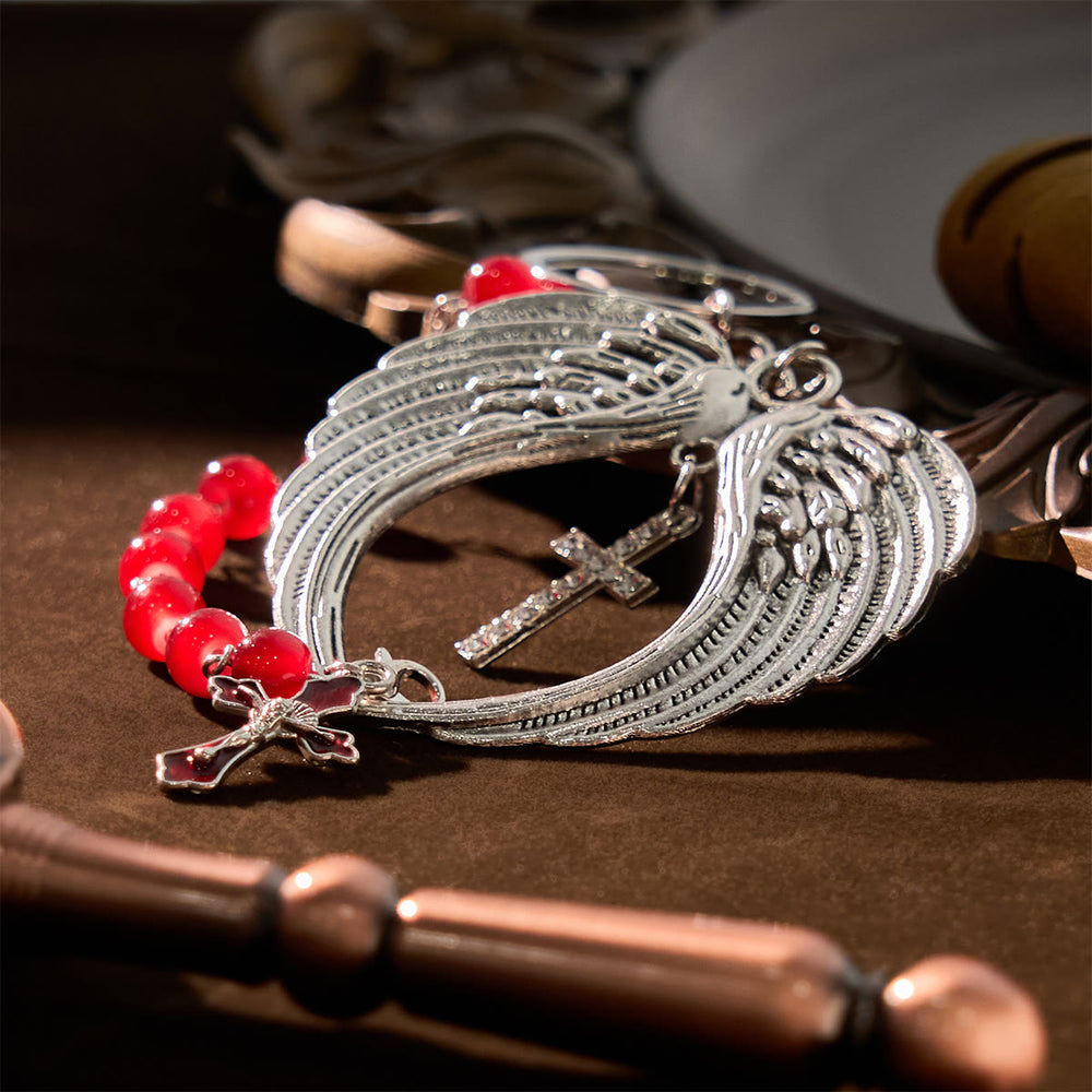 Christianartworkshop Dual-Use Red Agate Keychain & Pocket Rosary Adorned with Silver Angel Wing: Carry Divine Protection - image 2