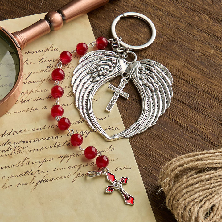 Christianartworkshop Dual-Use Red Agate Keychain & Pocket Rosary Adorned with Silver Angel Wing: Carry Divine Protection - Angle Wing - image 1