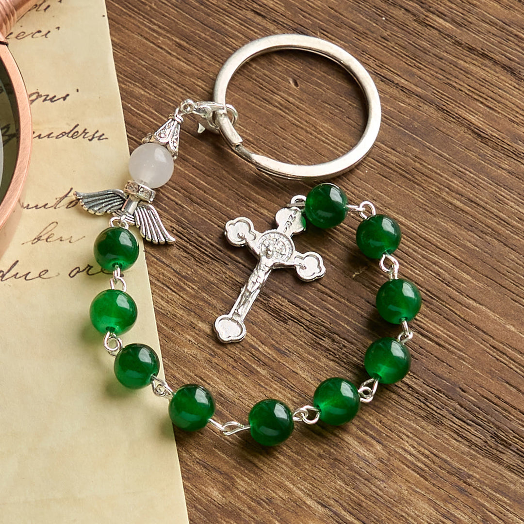 Christianartworkshop Multifunctional Tri-Color Gem Keychain & Pocket Rosary Blessed with Angle Wing - Green - image 1