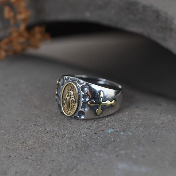 Christianartworkshop 925 Sterling Silver Retro Style Virgin Mary Blessing Badge Religious Ring - image 7