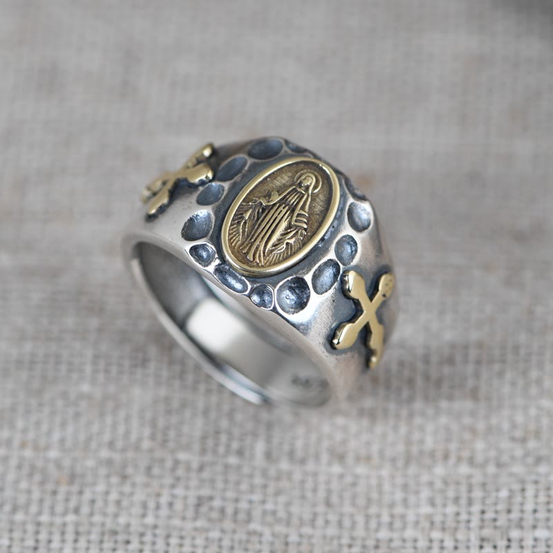 Christianartworkshop 925 Sterling Silver Retro Style Virgin Mary Blessing Badge Religious Ring - Suitable for UK Size T1/2 - UK Size V1/2 - image 0