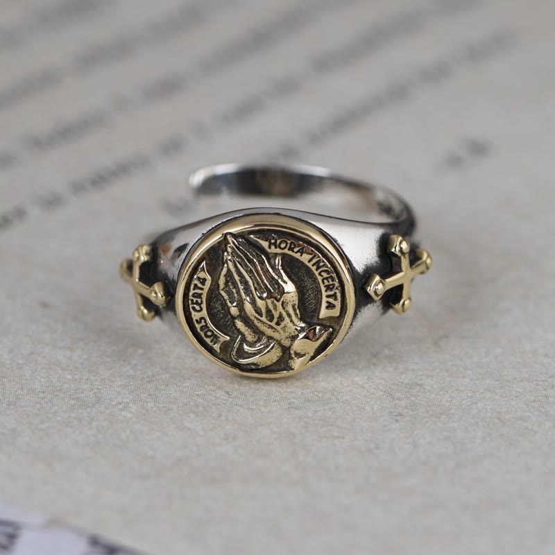 Christianartworkshop 925 Sterling Silver Vintage Style Intricate Carved Praying Hands Ring - image 1