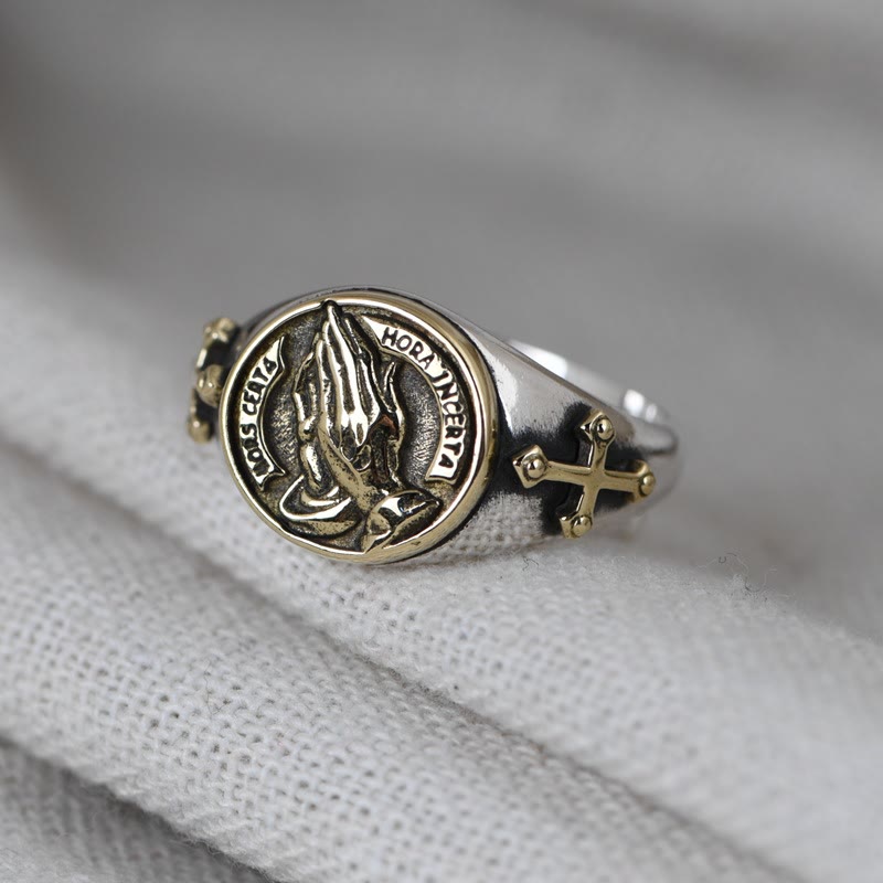 Christianartworkshop 925 Sterling Silver Vintage Style Intricate Carved Praying Hands Ring - Golden(Suitable for UK Size O - UK Size S) - image 0