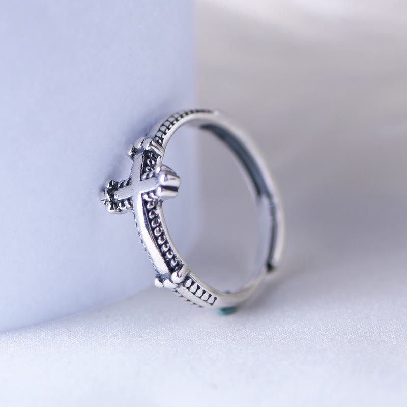 Christianartworkshop Minimalist 925 Silver Cross Ring with Ornate Rope Patterns: Enduring Symbol of Spiritual Bond - 925 Sterling Silver - image 0