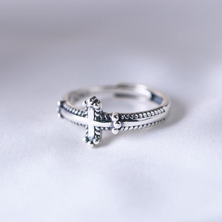 Christianartworkshop Minimalist 925 Silver Cross Ring with Ornate Rope Patterns: Enduring Symbol of Spiritual Bond - image 1