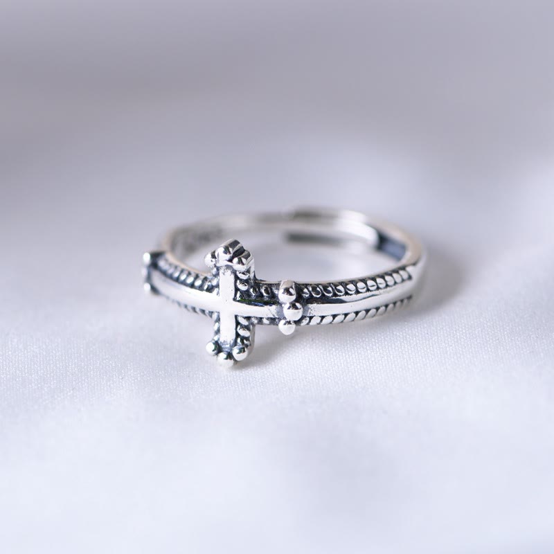 Christianartworkshop Minimalist 925 Silver Cross Ring with Ornate Rope Patterns: Enduring Symbol of Spiritual Bond - image 1