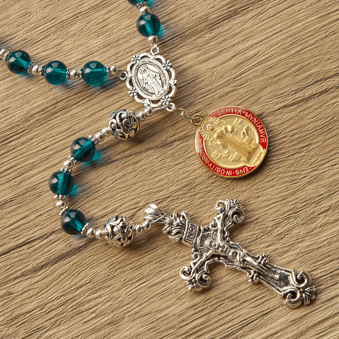 Christianartworkshop Handmade Crucifix Clear Blue Glass Rosary with Enameled St. Benedict & Miraculous Medal - image 8