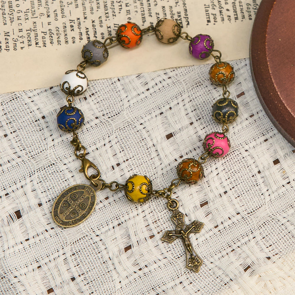Christianartworkshop Vintage Style Patterned Colorful Bead Bracelet with Bronze St. Benedict & Crucifix: Trust in Divine Continuity - image 1