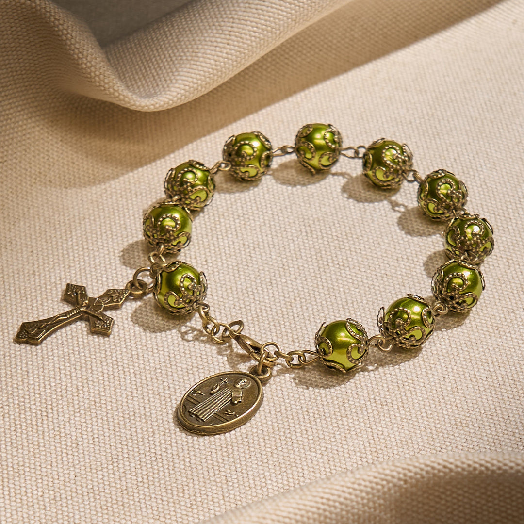 Christianartworkshop Matte Verdigris Beads with Bronze St. Benedict Medal & Crucifix Bracelet: Find Peace in Subtle Sacredness - image 2