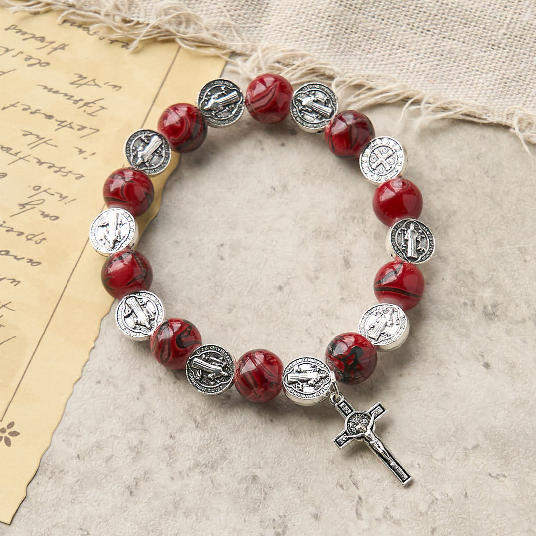 Christianartworkshop Tri-Color Beads Bracelet with Silver St. Benedict Medal and Crucifix: Divine Faith Artistry - Red - image 0