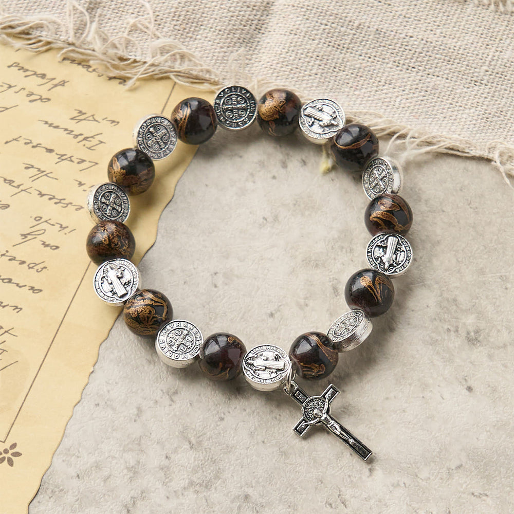 Christianartworkshop Tri-Color Beads Bracelet with Silver St. Benedict Medal and Crucifix: Divine Faith Artistry - Black - image 1