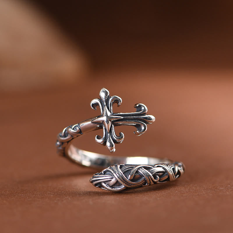 Christianartworkshop Retro 925 Silver Cross Ring with Delicate Vine Engravings: Pure Expression of Faith - Suitable for US sizes 5.5-13 - image 0