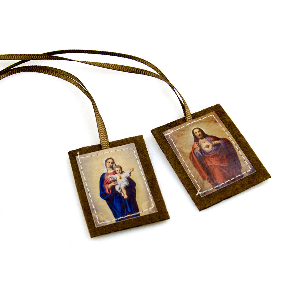 Christianartworkshop Blessed Brown Wool Scapular of Sacred Heart of Jesus and Virgin Mary - image 3