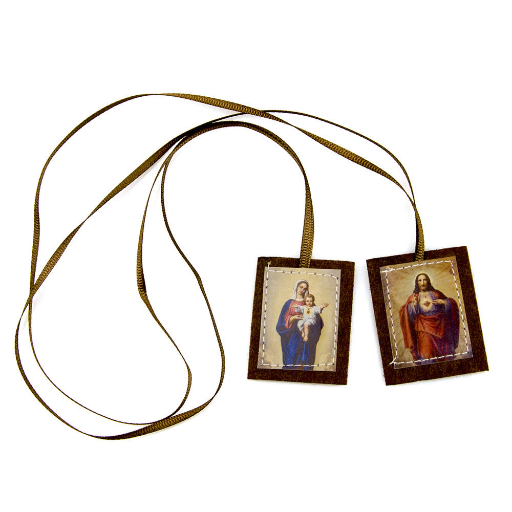 Christianartworkshop Blessed Brown Wool Scapular of Sacred Heart of Jesus and Virgin Mary - image 1