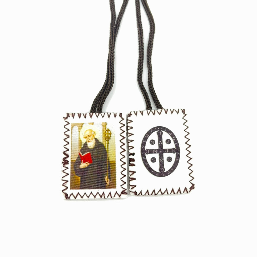 Christianartworkshop Vintage Stamp Shaped Scapular on Black Wool Cord of Saint Benedict and Crucifix - Scapular - image 0