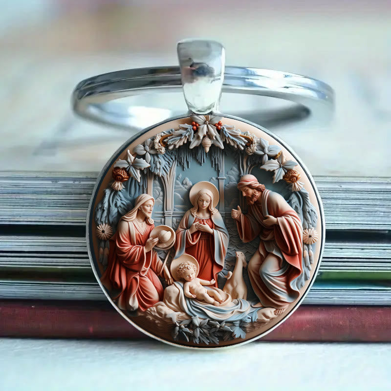 Christianartworkshop Soulful Morandi-Toned Nativity Scene Keychain: Profound Sign of Subtle Spiritual Renewal - Nativity Scene - image 1