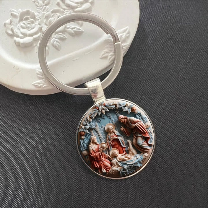 Christianartworkshop Soulful Morandi-Toned Nativity Scene Keychain: Profound Sign of Subtle Spiritual Renewal - image 2